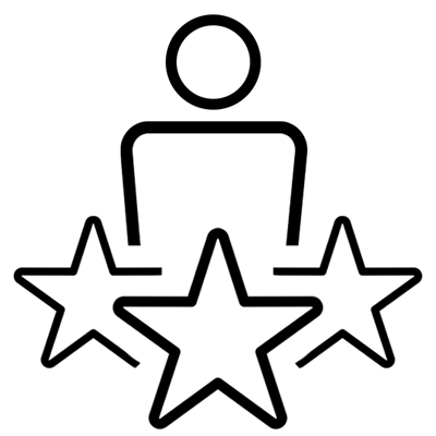 Icon image of person above three stars. 
