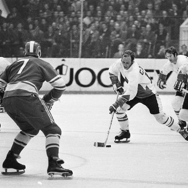 Dennis Hull on the break against the USSR during the 1972 Summit Series. Photo taken by Frank Lennon of the Toronto Star