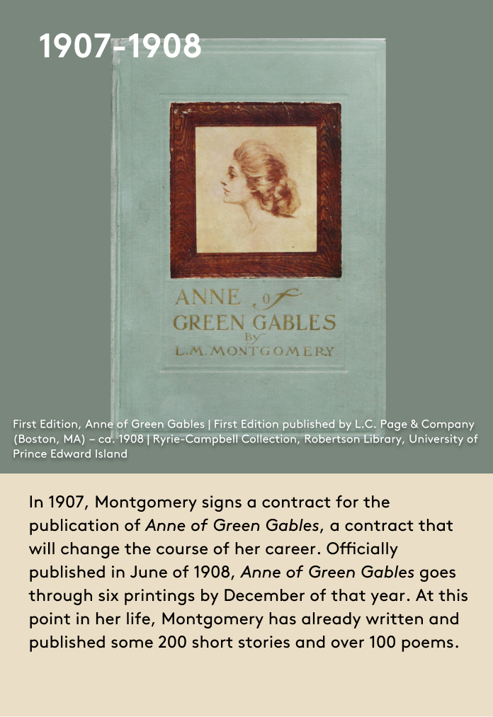 In 1907, Montgomery signs a contract for the publication of Anne of Green Gables, a contract that will change the course of her career. Officially published in June of 1908, Anne of Green Gables goes through six printings by December of that year. At this point in her life, Montgomery has already written and published some 200 short stories and over 100 poems.
