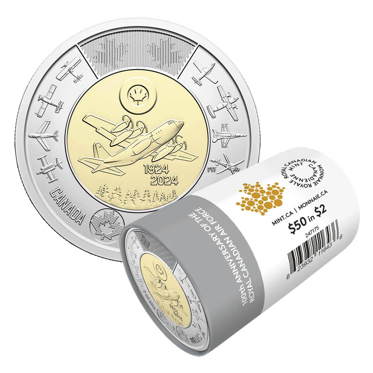 image 2024 $2 100th Anniversary of the Royal Canadian Air Force Non-colourized Special Wrap Roll