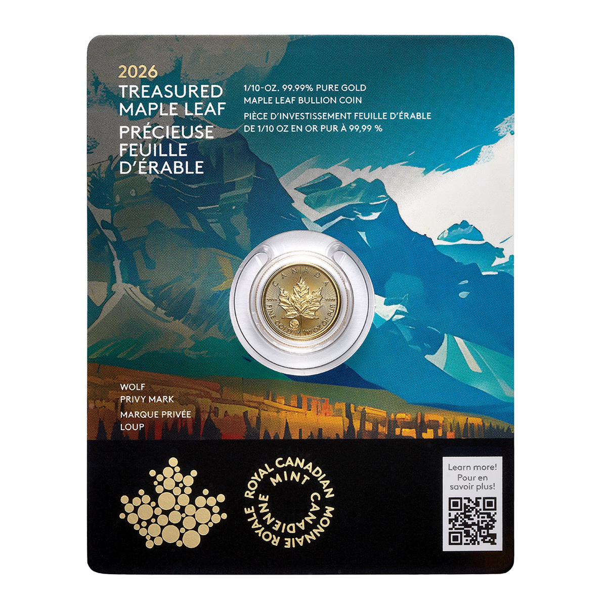 2026 Treasured Gold Maple Leaf: Wolf Privy Mark - 1/10 oz. 99.99% Pure Gold Coin (Premium Bullion)