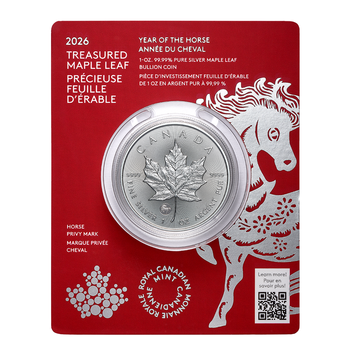 2026 Treasured Silver Maple Leaf: Year of the Horse Privy Mark - 1 oz. 99.99% Pure Silver Coin (Premium Bullion)