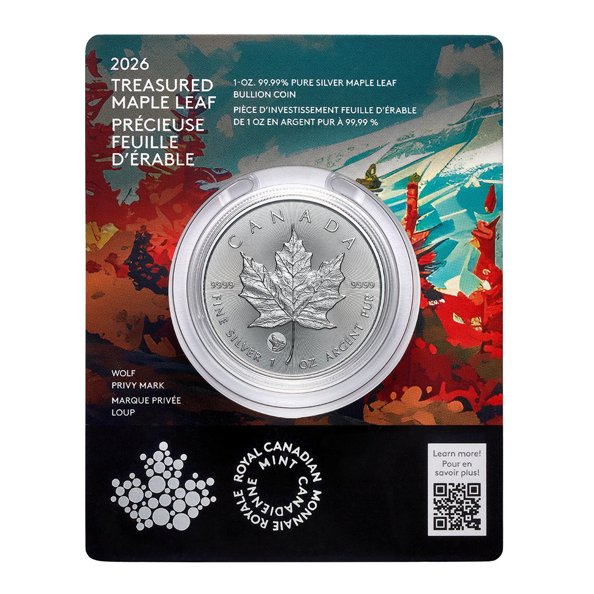 2026 Treasured Silver Maple Leaf: Wolf Privy Mark - 1 oz. 99.99% Pure Silver Coin (Premium Bullion) 