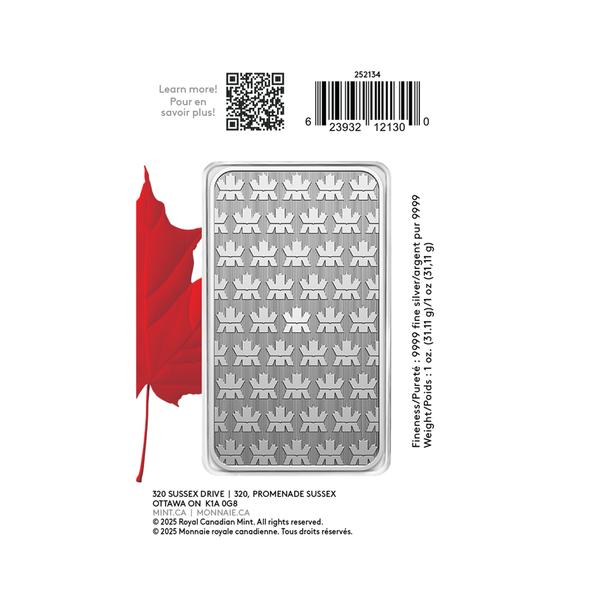 Pure Silver Bar in Proudly Canadian packaging - 1 oz. 99.99% Pure Silver 2025 (Premium Bullion)
