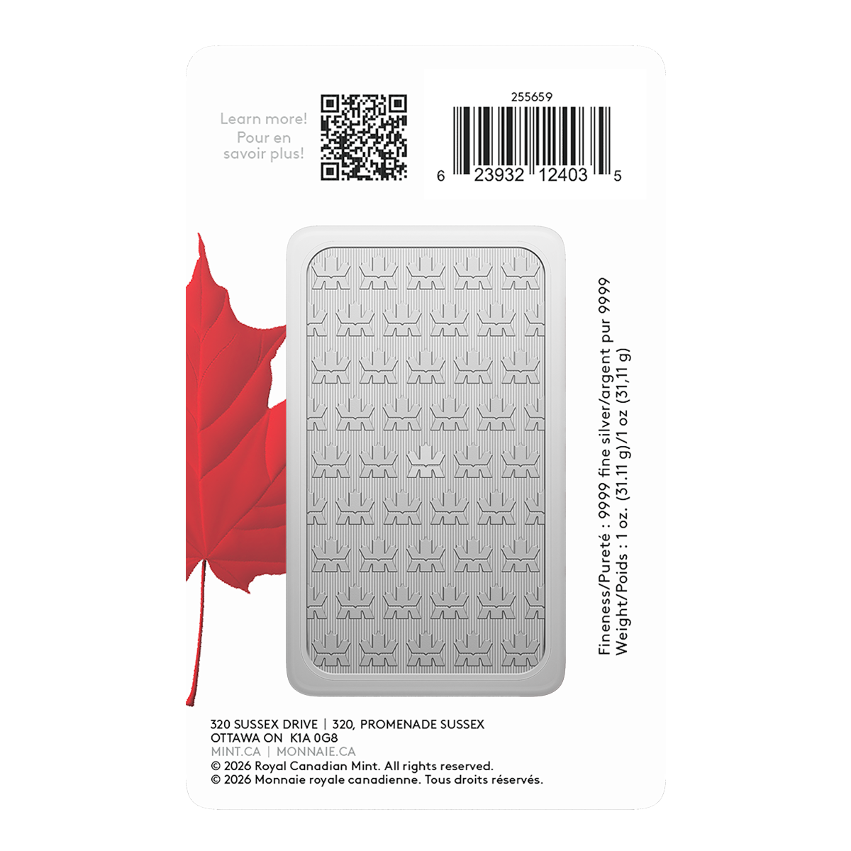 Pure Silver Bar in Proudly Canadian packaging – 1 oz. 99.99% Pure Silver 2026 (Premium Bullion)
