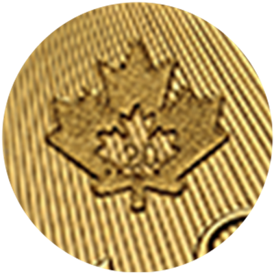 Close up of gold coin, privy mark of a maple leaf.